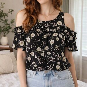 LC Lauren Conrad Black Floral Ruffle Romantic Blouse XS Cottagecore